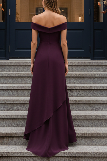 Off-the-Shoulder High-Low Crepe Evening Gown