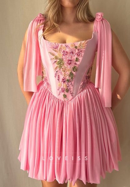 Beaded Corset Pleated Bubble Skirt Mini Dress