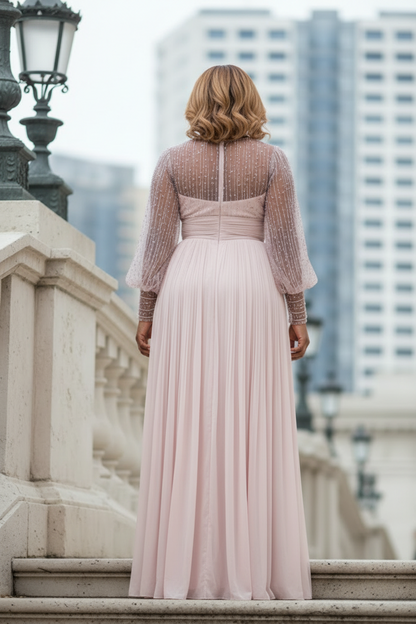 Illusion Long Sleeve Beaded A-Line Evening Gown