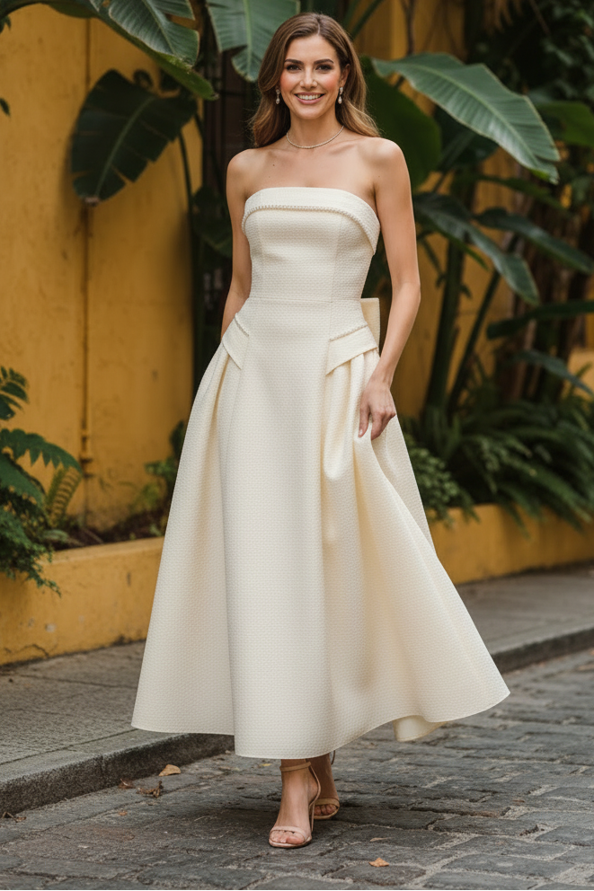 Strapless Pearl Trim Flap Waist Midi Dress