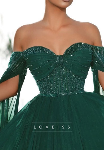 Pleated Off-the-Shoulder Beaded Corset Gown