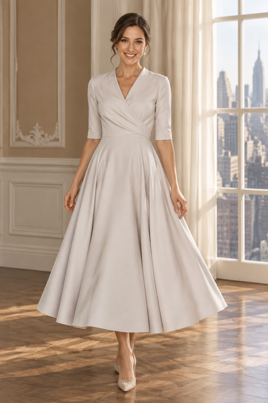 Wrap-Bodice A-Line Midi Dress with Elbow Sleeves