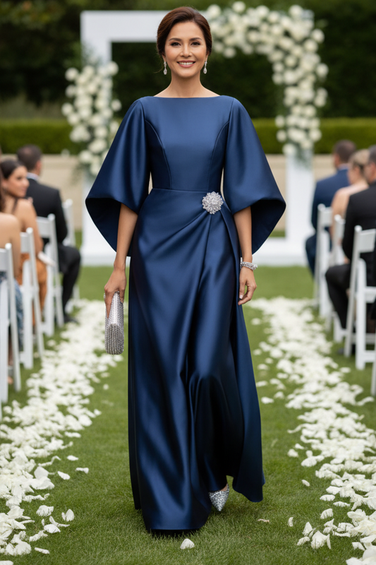 Bell Sleeve Satin Evening Gown with Crystal Brooch