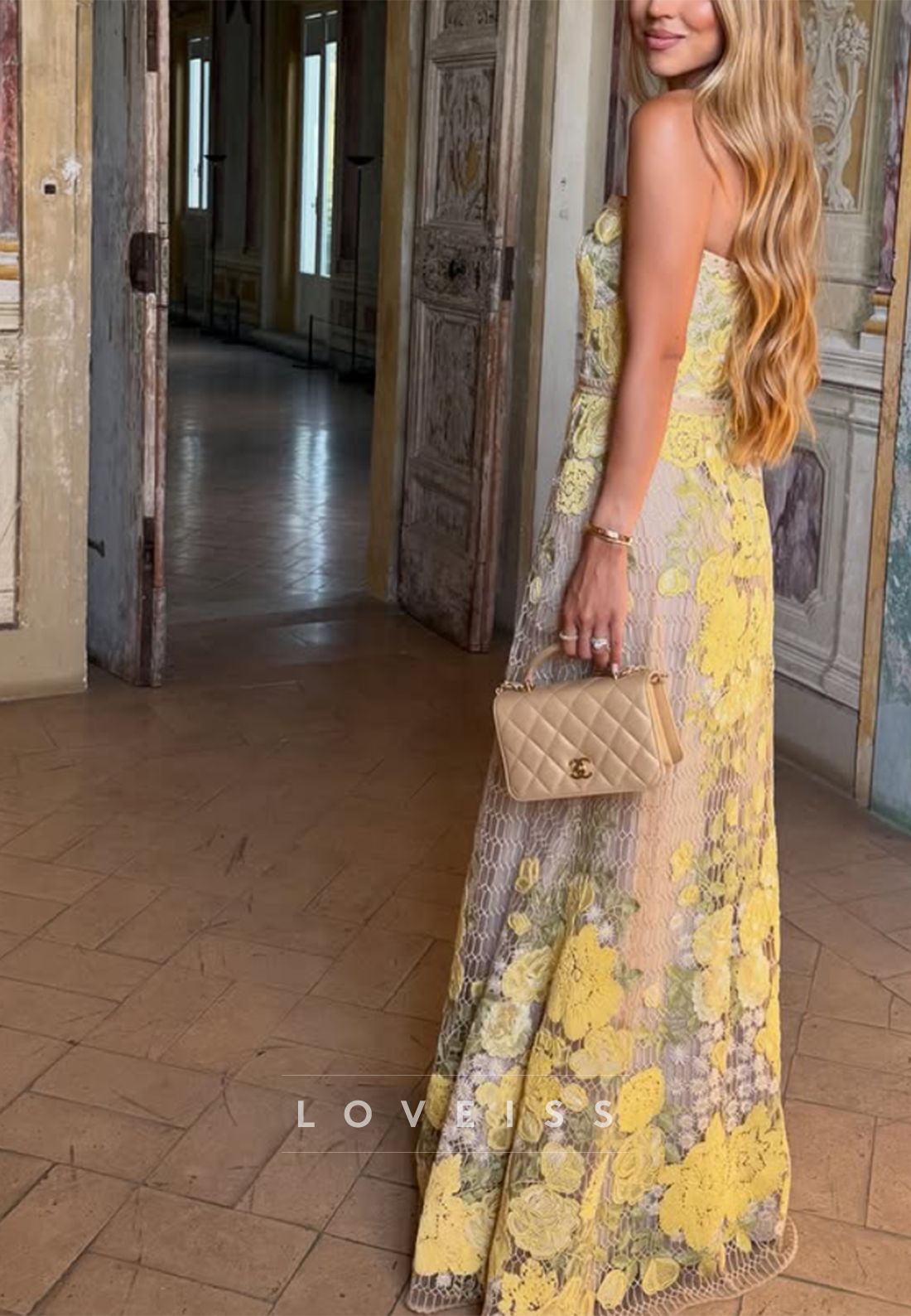 Strapless Floral Lace A-Line Evening Gown