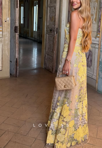 Strapless Floral Lace A-Line Evening Gown