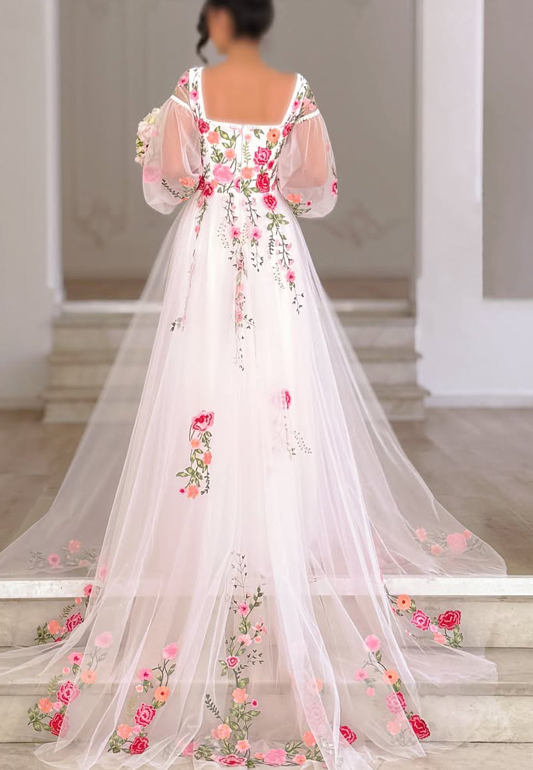 Floral Embroidered Tulle Gown with Puff Sleeves