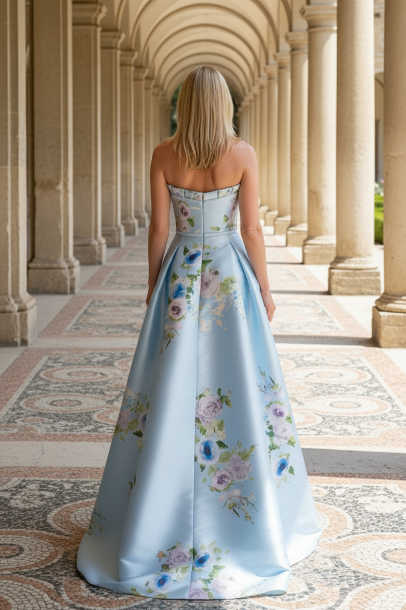 Strapless Floral Satin Ball Gown with Pleated Bodice