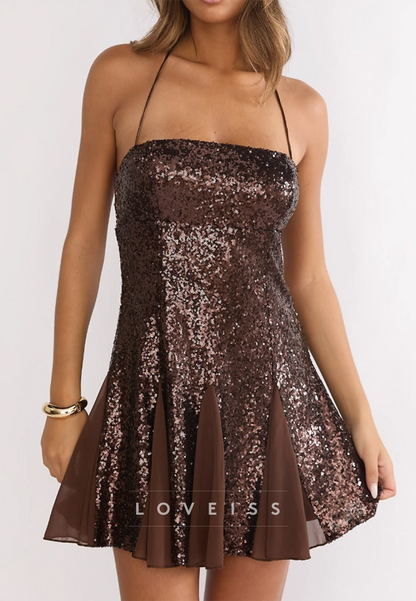 Sequin Halter Mini Dress with Sheer Flounced Hem