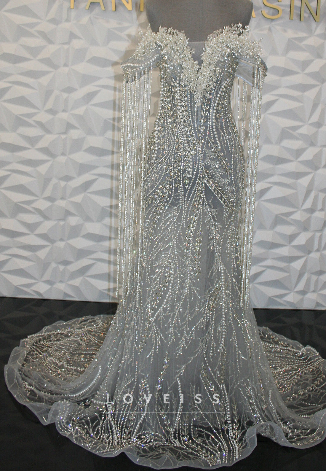 Beaded Fringe Off-the-Shoulder Gown