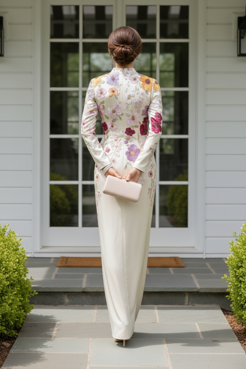 Floral Embroidered Long Sleeve Sheath Evening Gown