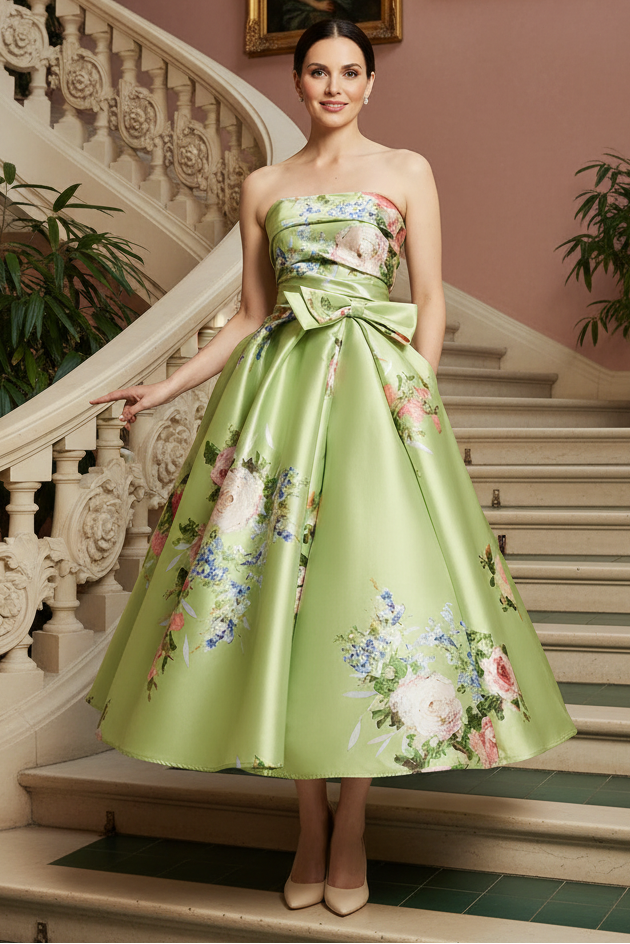 Strapless Floral Satin Tea-Length A-Line Dress