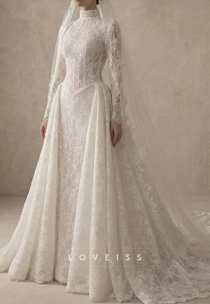 High Neck Lace Wedding Dress with Overskirt