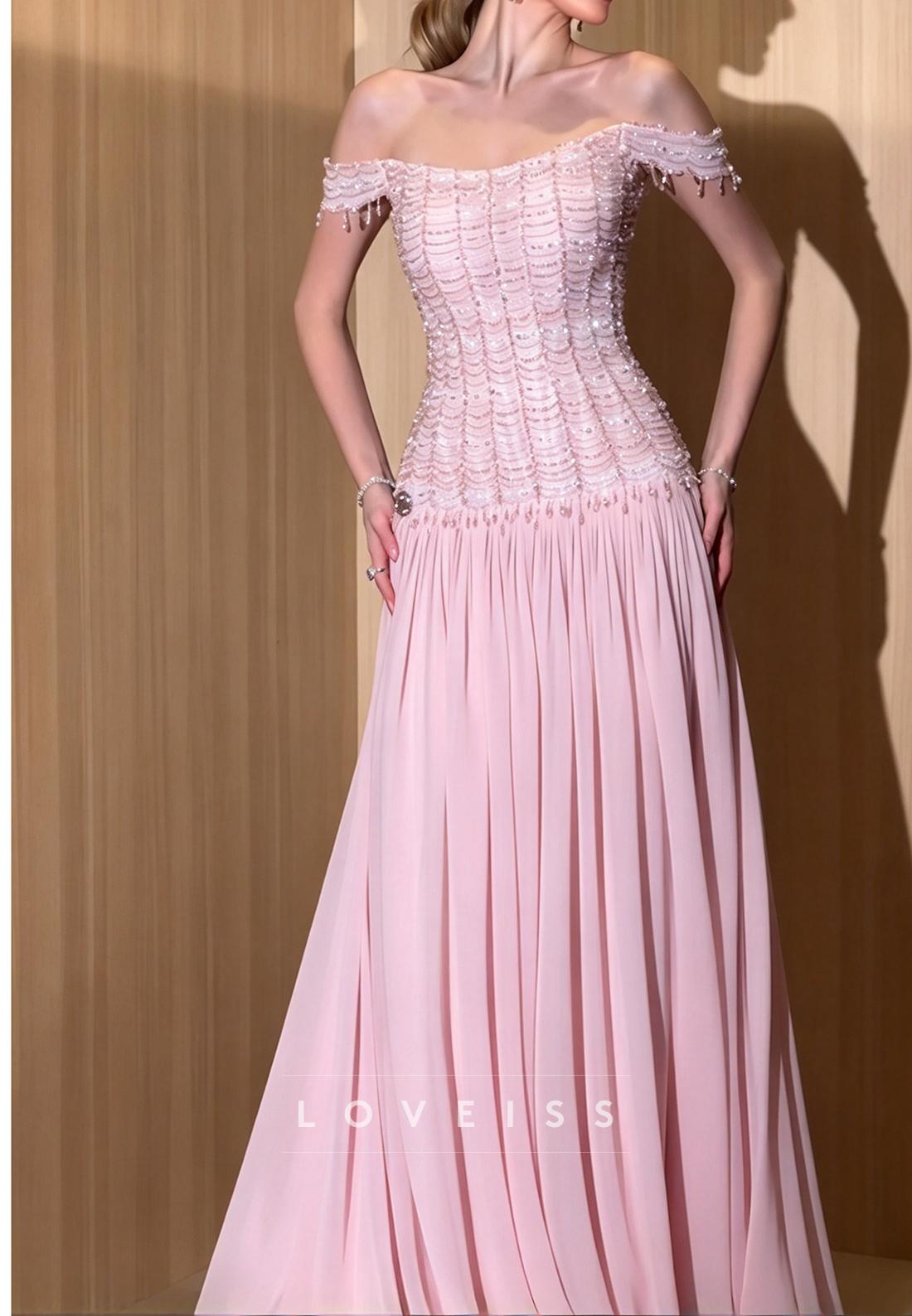 Beaded Drop-Waist Off-the-Shoulder Maxi Gown