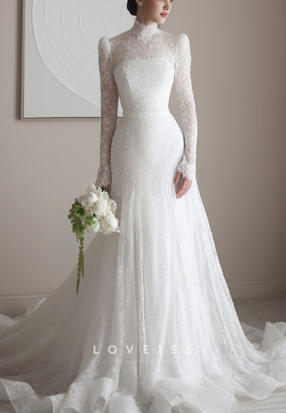 High Neck Lace Wedding Dress with Long Sleeves