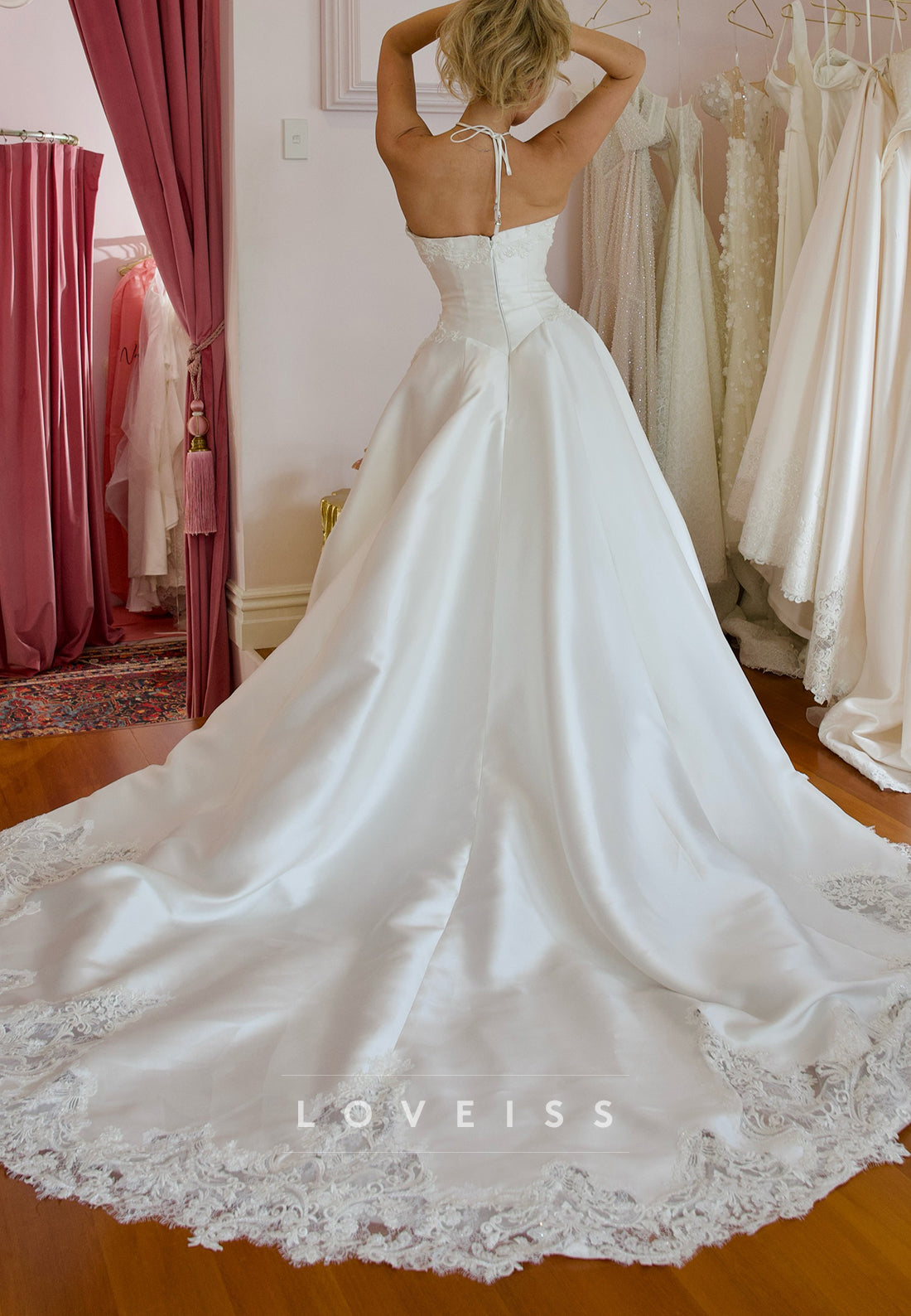 Crossed Halter Neck Satin Ball Gown Wedding Dress