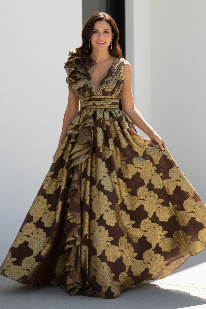 Ruffled Metallic Floral V-Neck Evening Gown