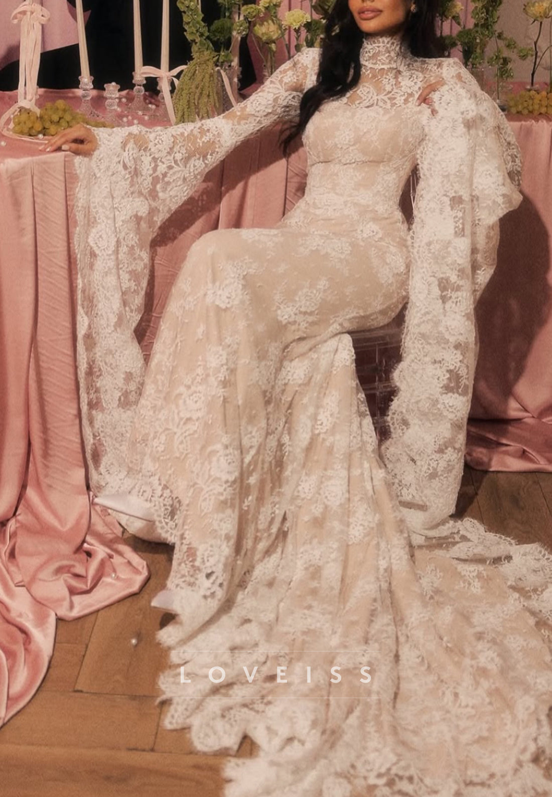 Lace High Neck Bell Sleeve Sheath Wedding Dress
