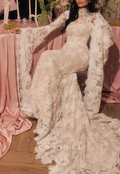 Lace High Neck Bell Sleeve Sheath Wedding Dress