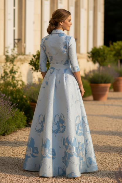 Floral Jacquard Shirt Ball Gown with Tie Belt