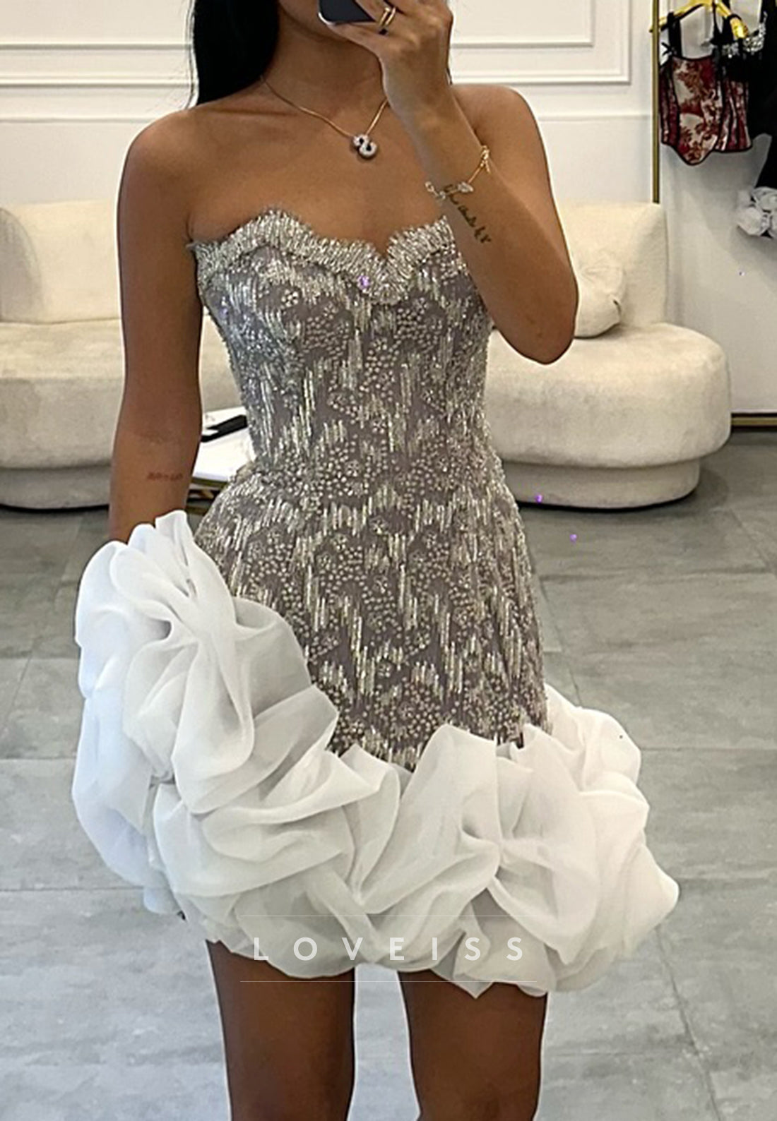 Beaded Strapless Mini Dress with 3D Floral Hem