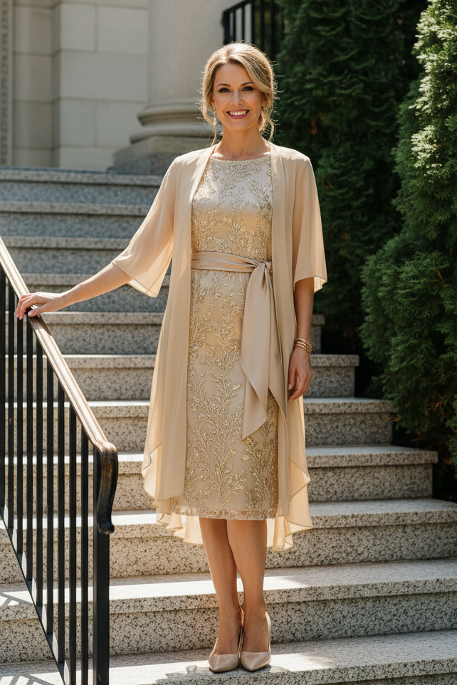 Sequin Embroidered Sheath Dress with Chiffon Jacket Set