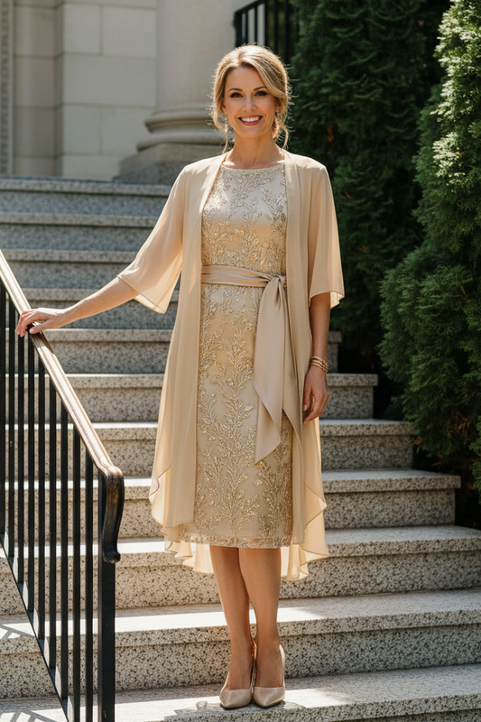 Sequin Embroidered Sheath Dress with Chiffon Jacket Set