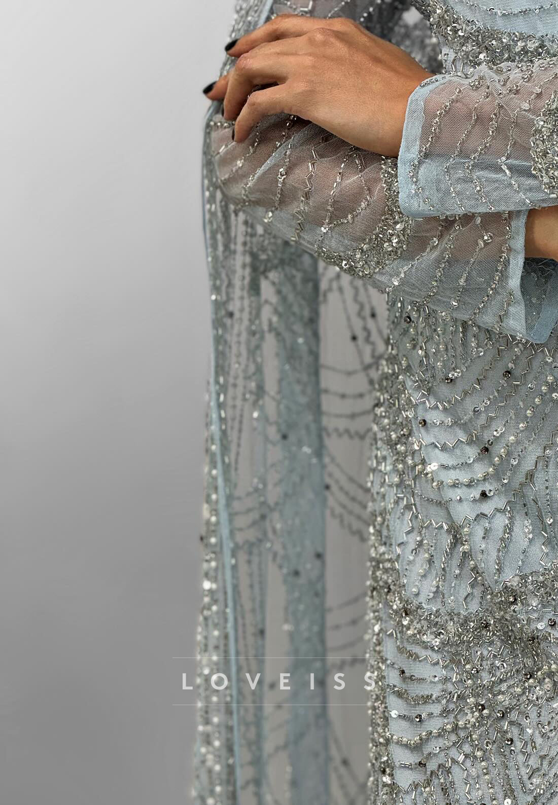 Beaded High Neck Evening Gown with Cape