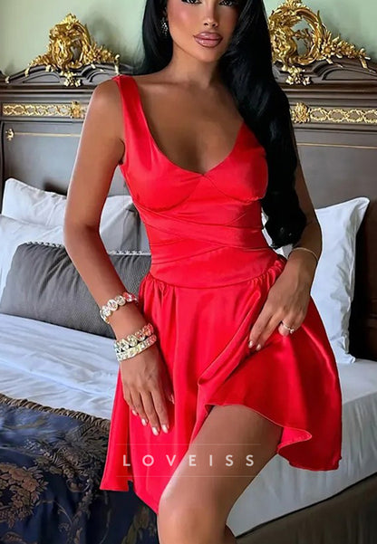 Satin Wrap Bodice A-Line Mini Dress with Slit