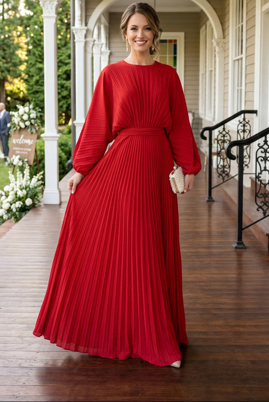 Pleated Batwing Sleeve Maxi Dress with Waistband