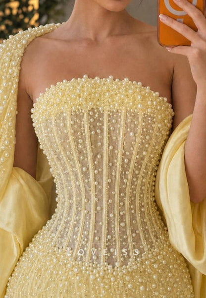 Pearl-Embellished Corset Mermaid Gown with Cape