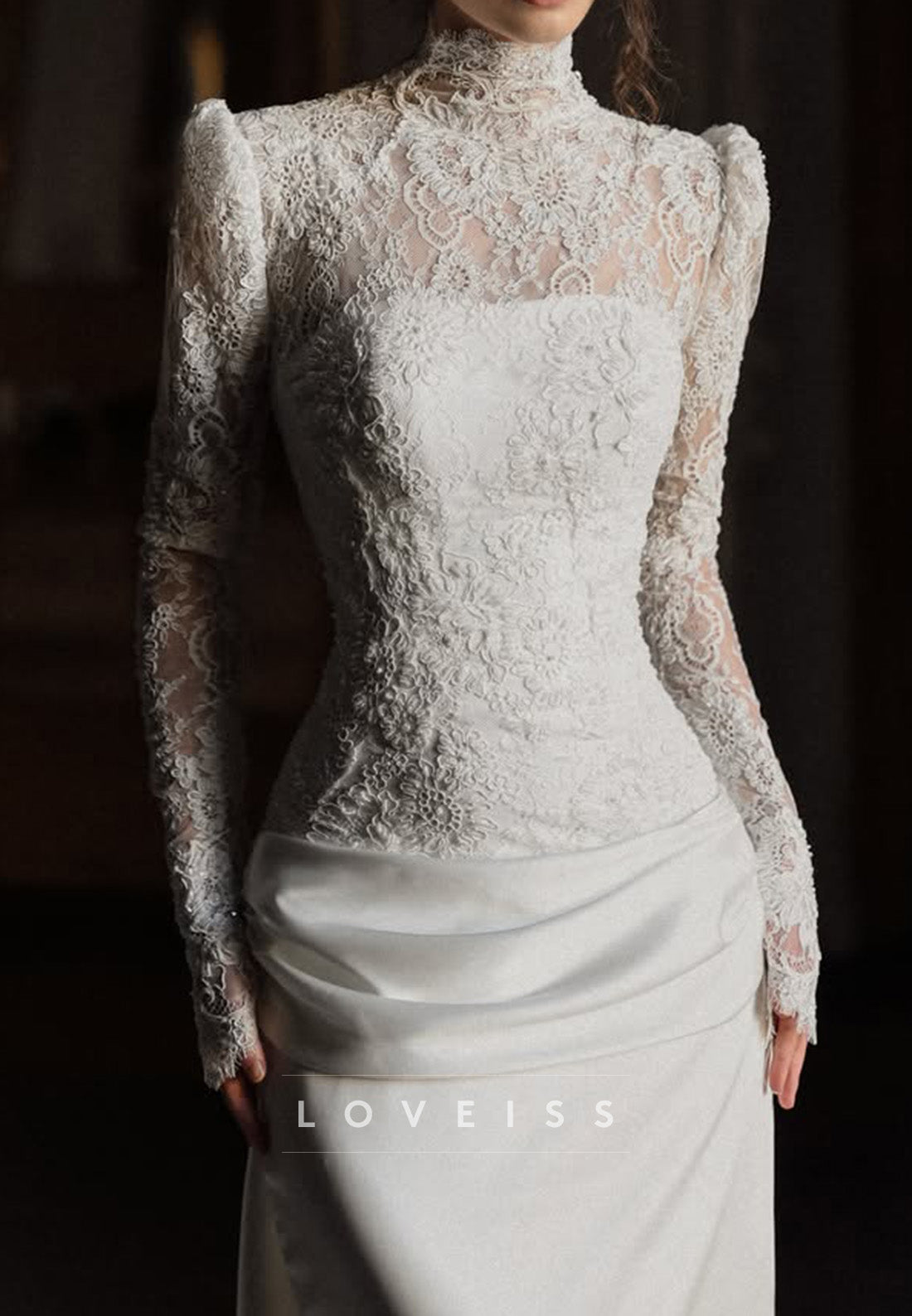High Neck Lace Bodice Satin Wedding Gown