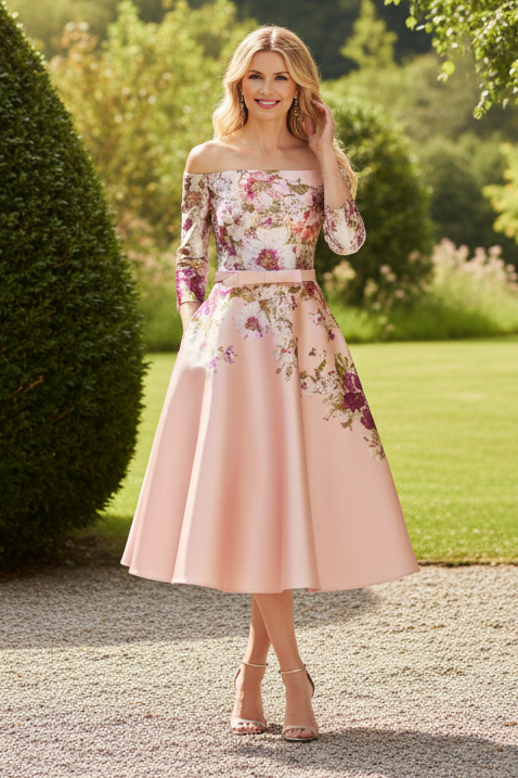 Off-The-Shoulder Floral Satin A-Line Midi Dress