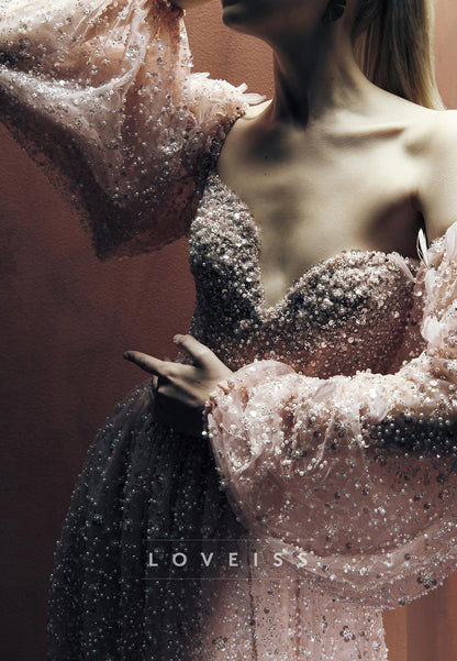 Sequined Off-the-Shoulder Gown with Bishop Sleeves