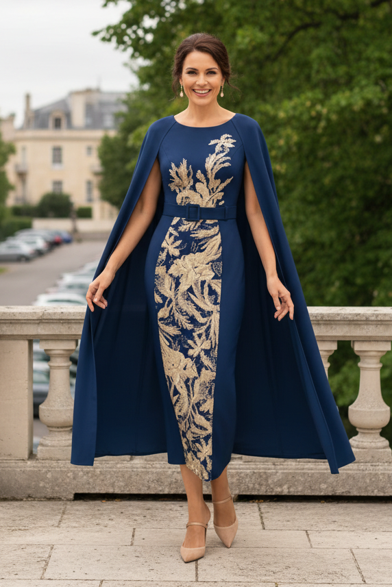 Elegant Cape Sleeve Midi Dress with Floral Embroidery
