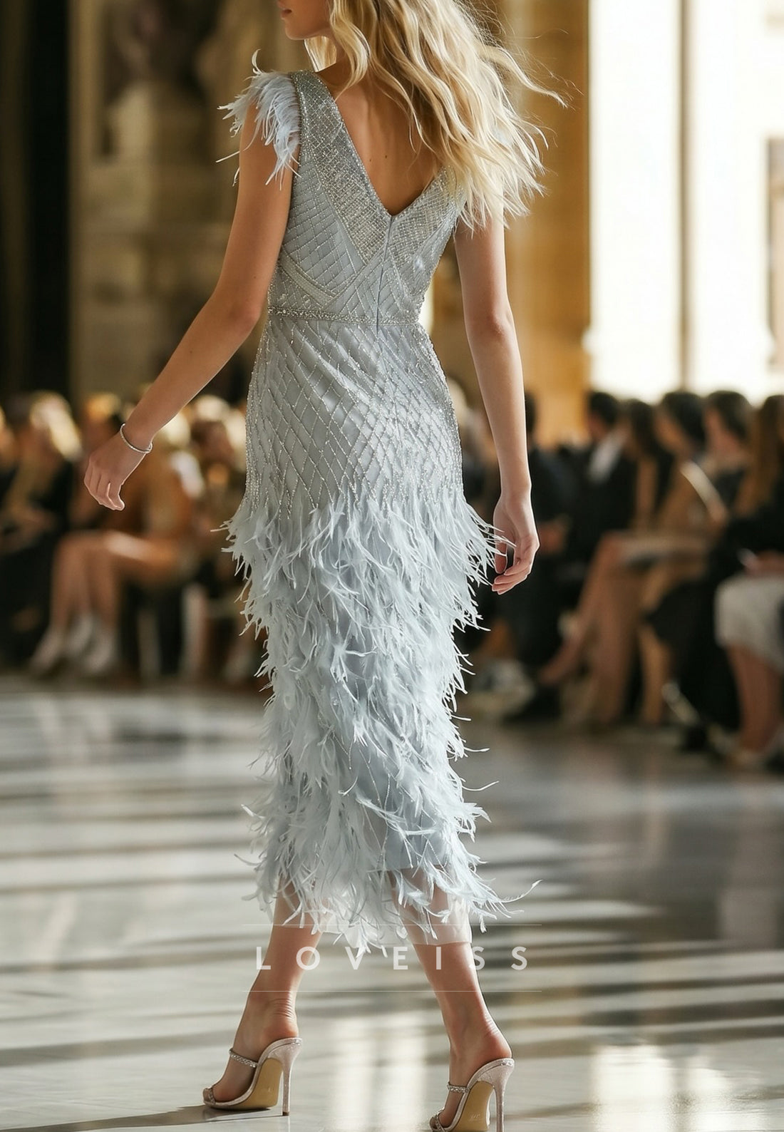 Beaded V-Neck Midi Dress with Feather Trim