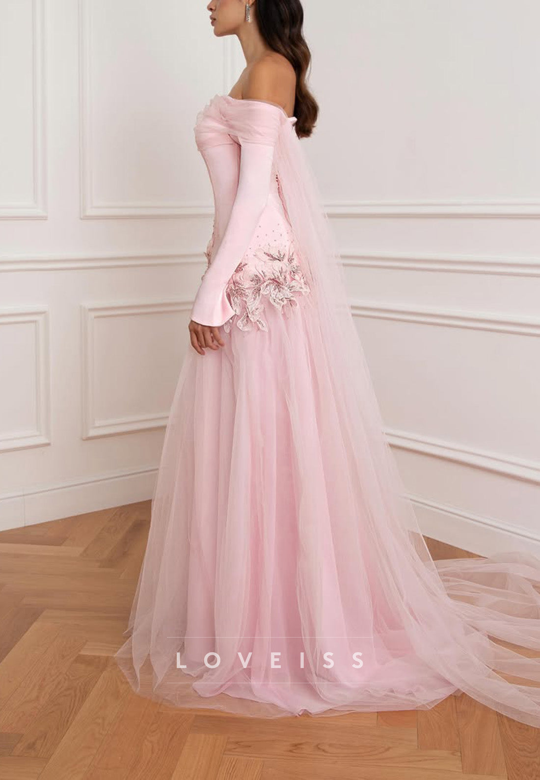 Off-the-Shoulder Tulle Gown with Appliqué Waist