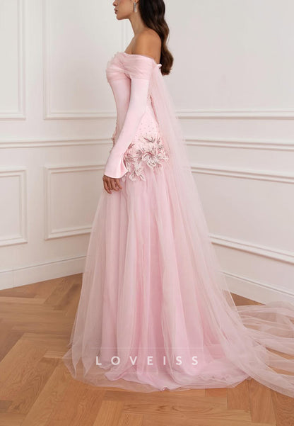 Off-the-Shoulder Tulle Gown with Appliqué Waist