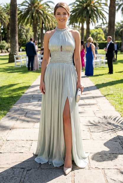 Halter Neck Pleated Evening Gown with Slit
