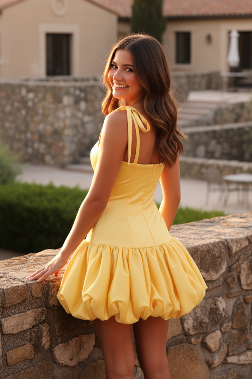 Tie-Strap Square Neck Bubble Hem Mini Dress
