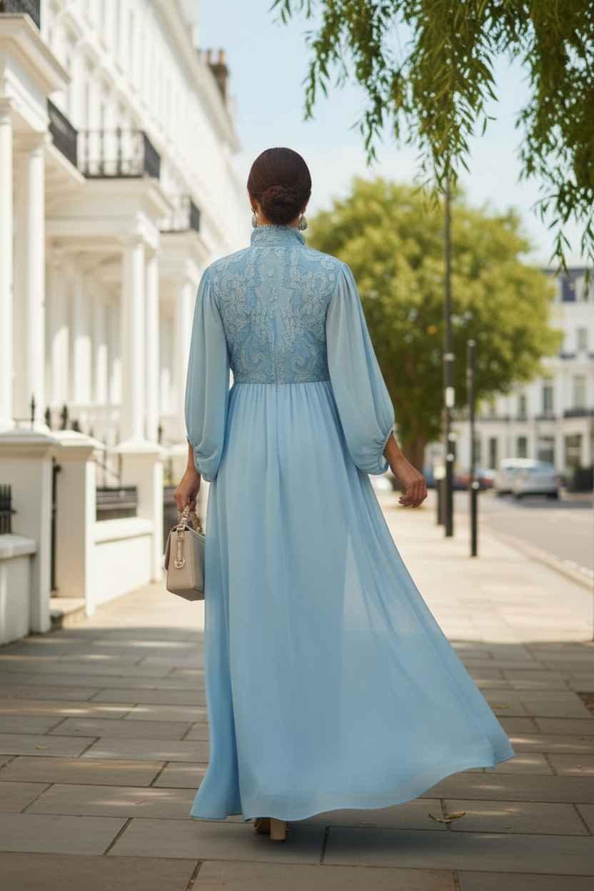 Long Sleeve Embroidered Maxi Dress with Sash