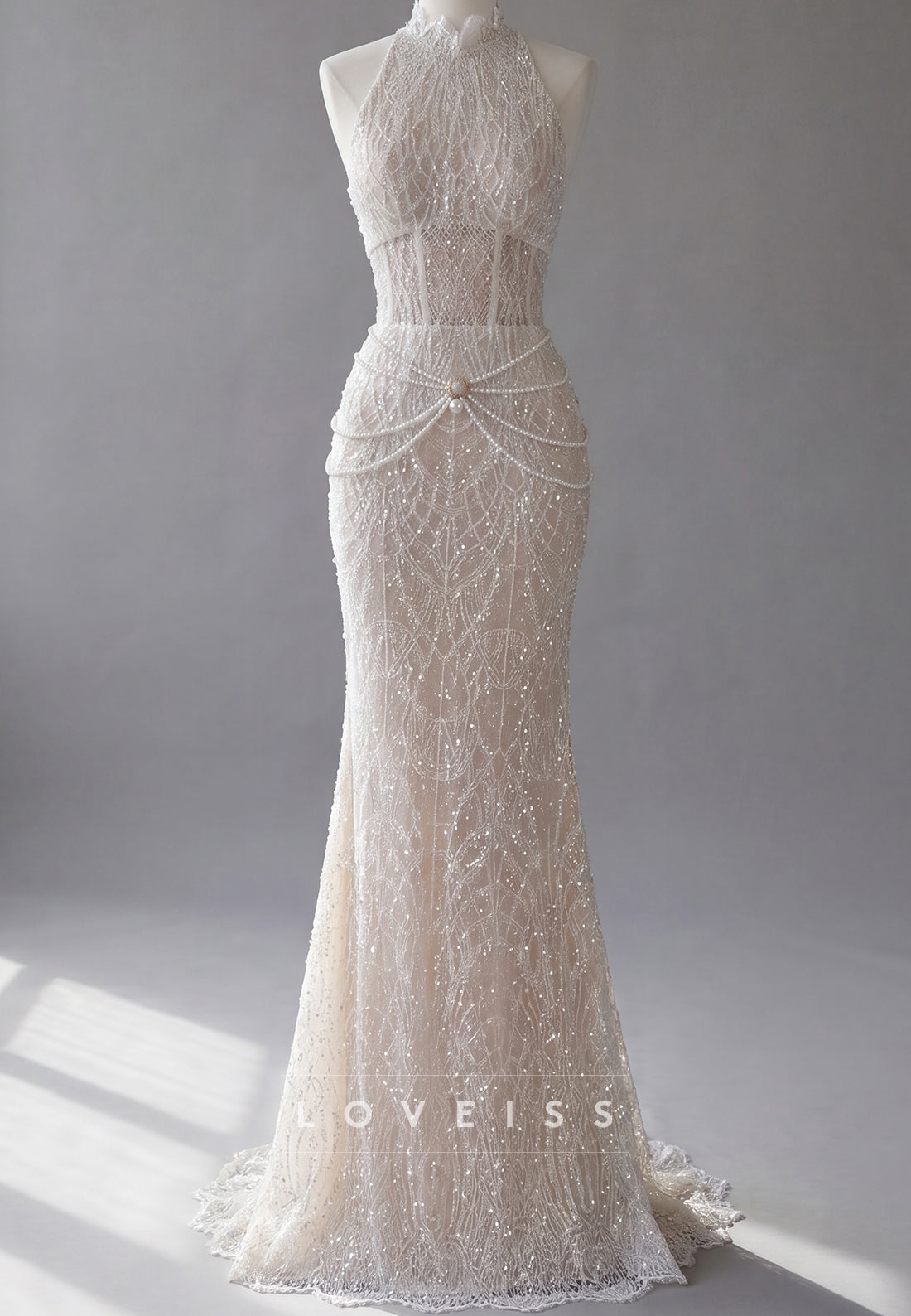 Halter Neck Lace Corset Wedding Dress with Pearl Details