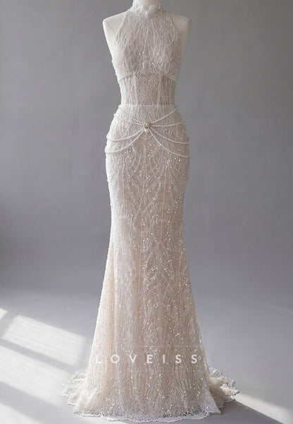 Halter Neck Lace Corset Wedding Dress with Pearl Details