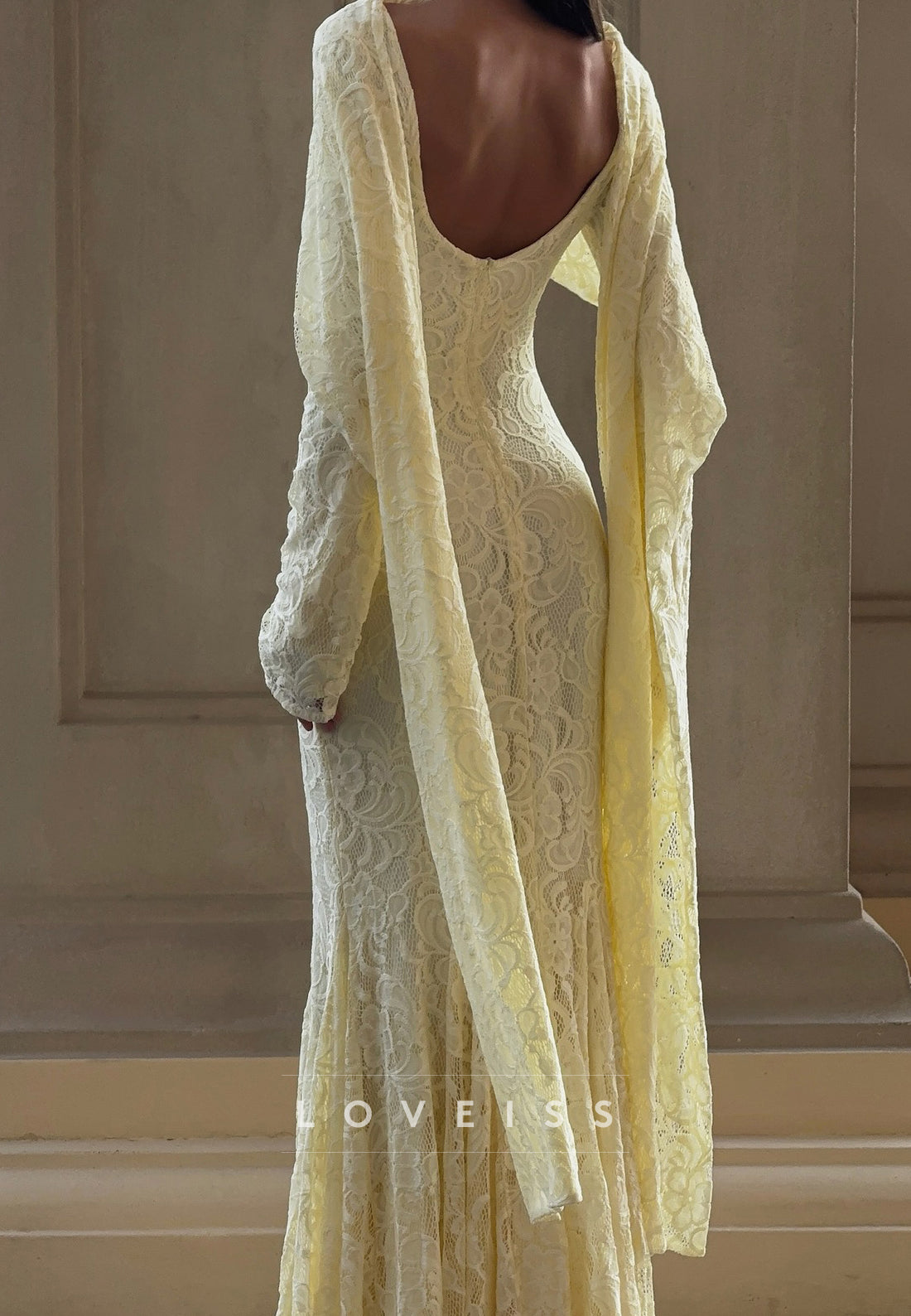 Lace Long Sleeve Mermaid Gown with Draped Sash