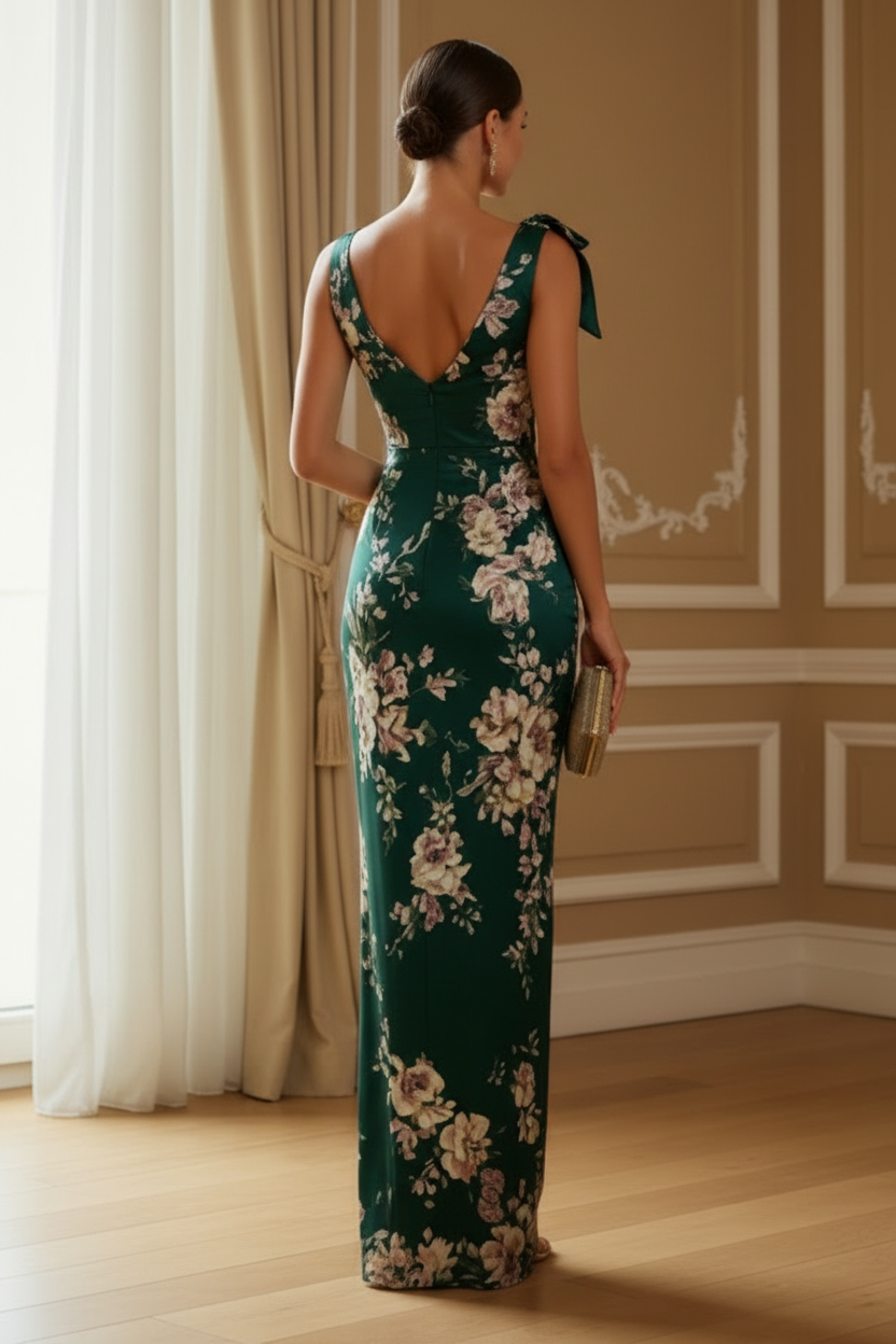 Floral Print Satin Column Maxi Dress with Shoulder Bow