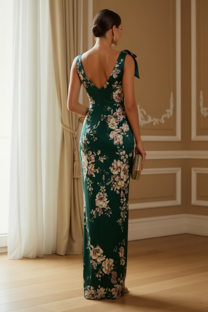Floral Print Satin Column Maxi Dress with Shoulder Bow