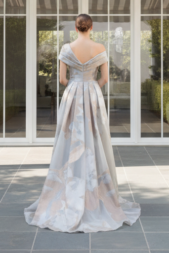 Off-the-Shoulder Floral Jacquard Evening Gown