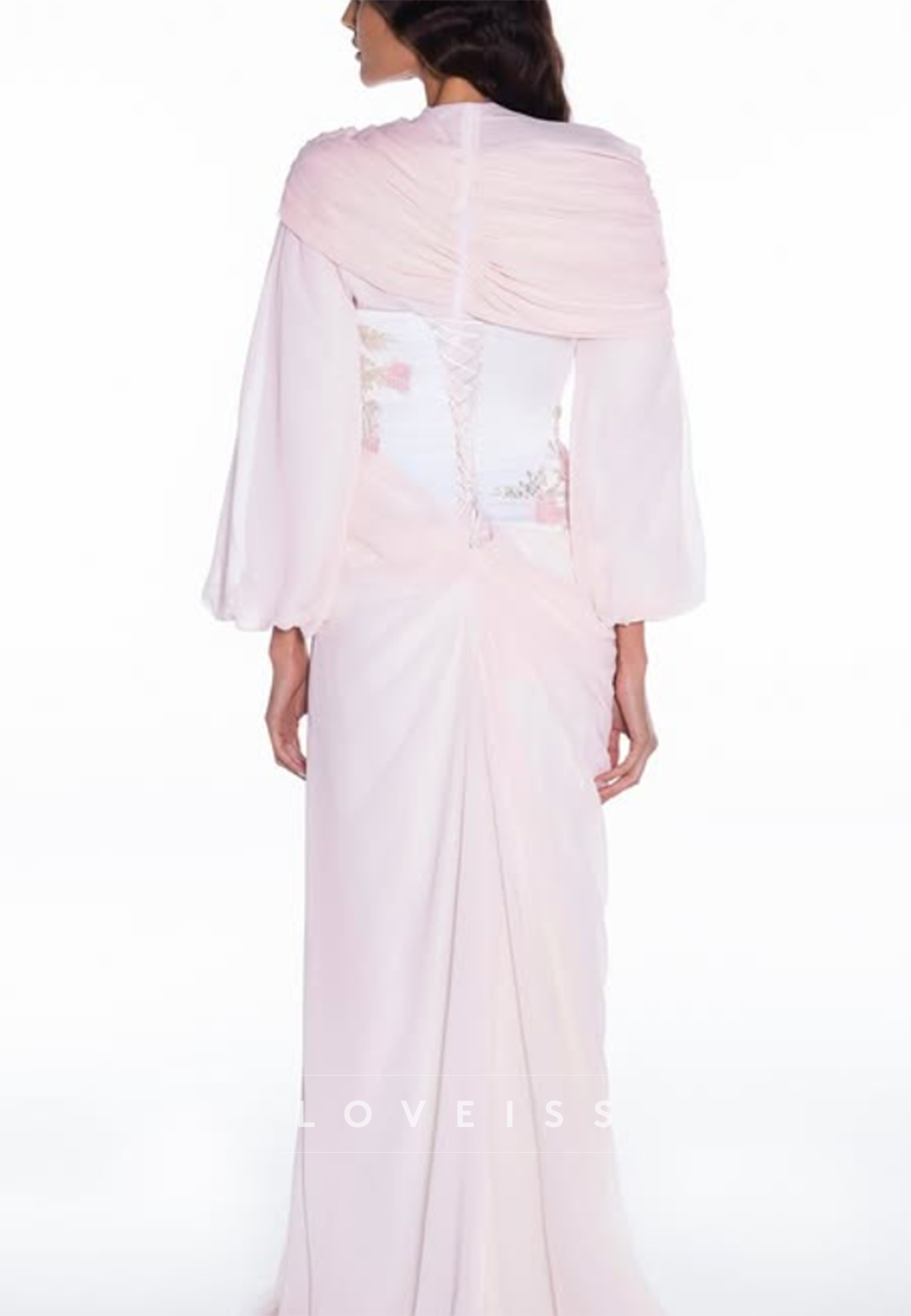 Draped Chiffon Corset Evening Gown with Long Sleeves