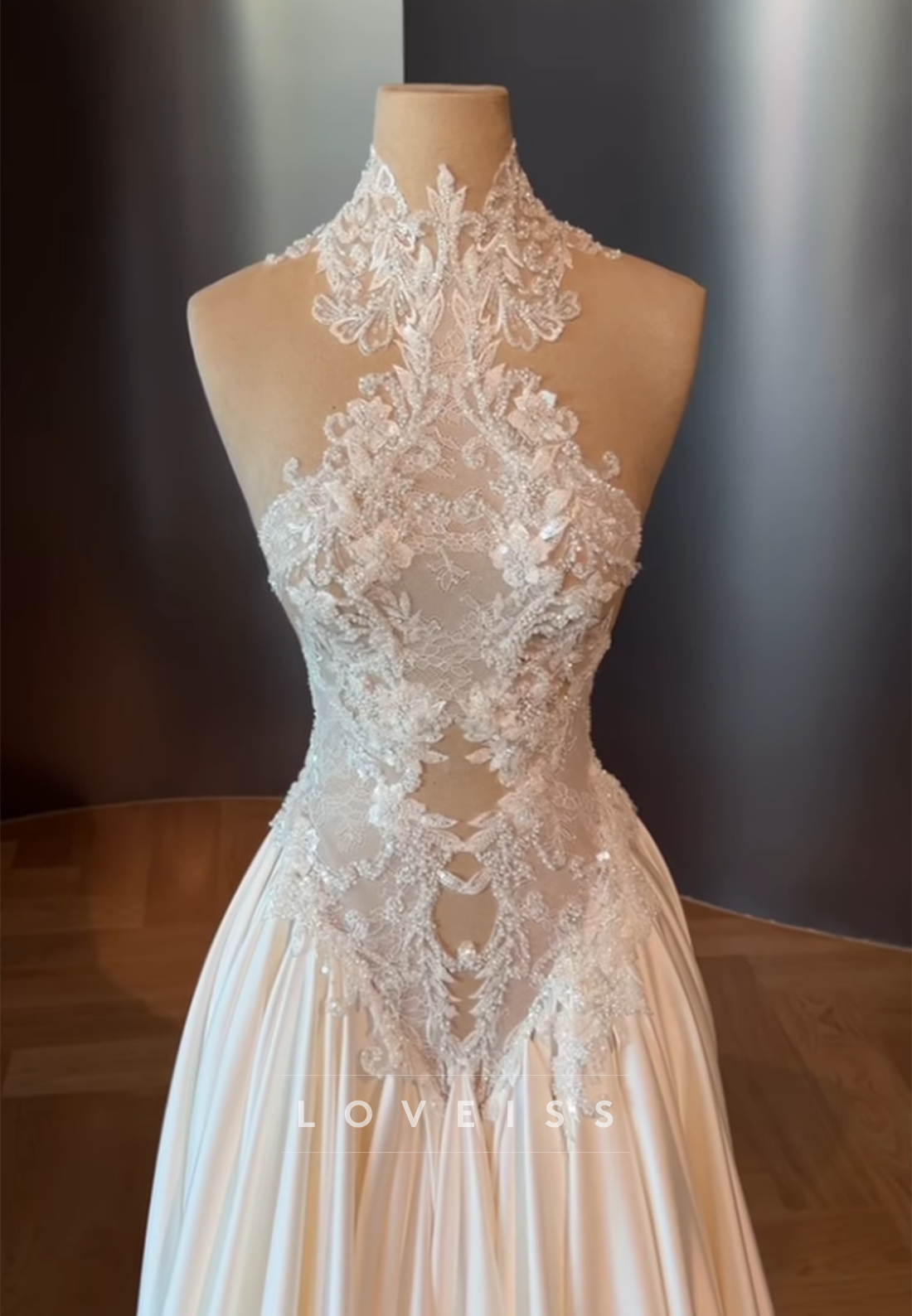Beaded Lace Halter Neck Wedding Dress with Satin Skirt