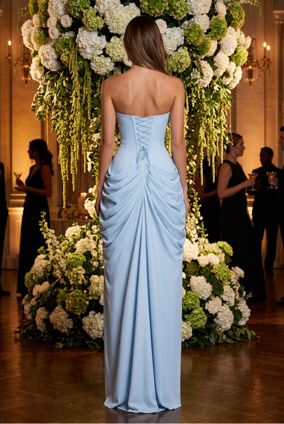 Strapless Ruched Corset Gown with High Slit