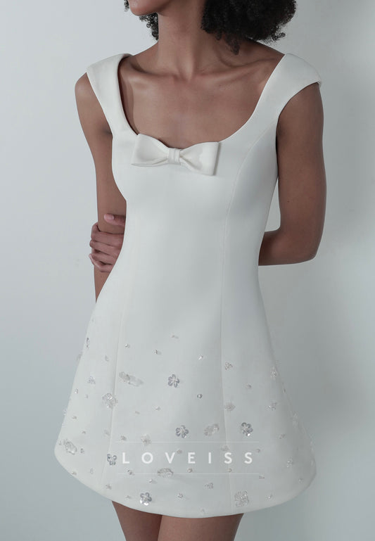 Square Neckline Bow Mini Dress with Crystal Details